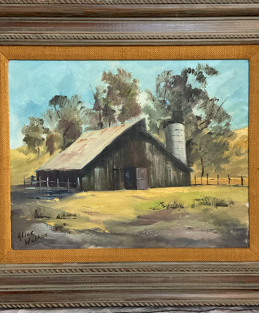 Vintage Old Barn Framed Landscape Acrylic Painting Signed By Alice Walker