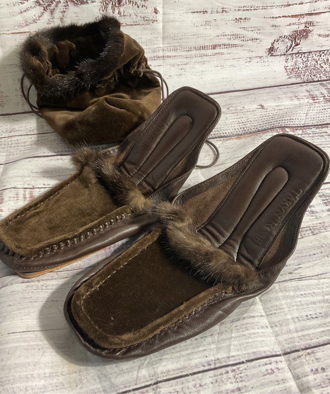 Taryn Rose Women's Brown Faux Fur Velvet Leather Bottom Slippers Size 37