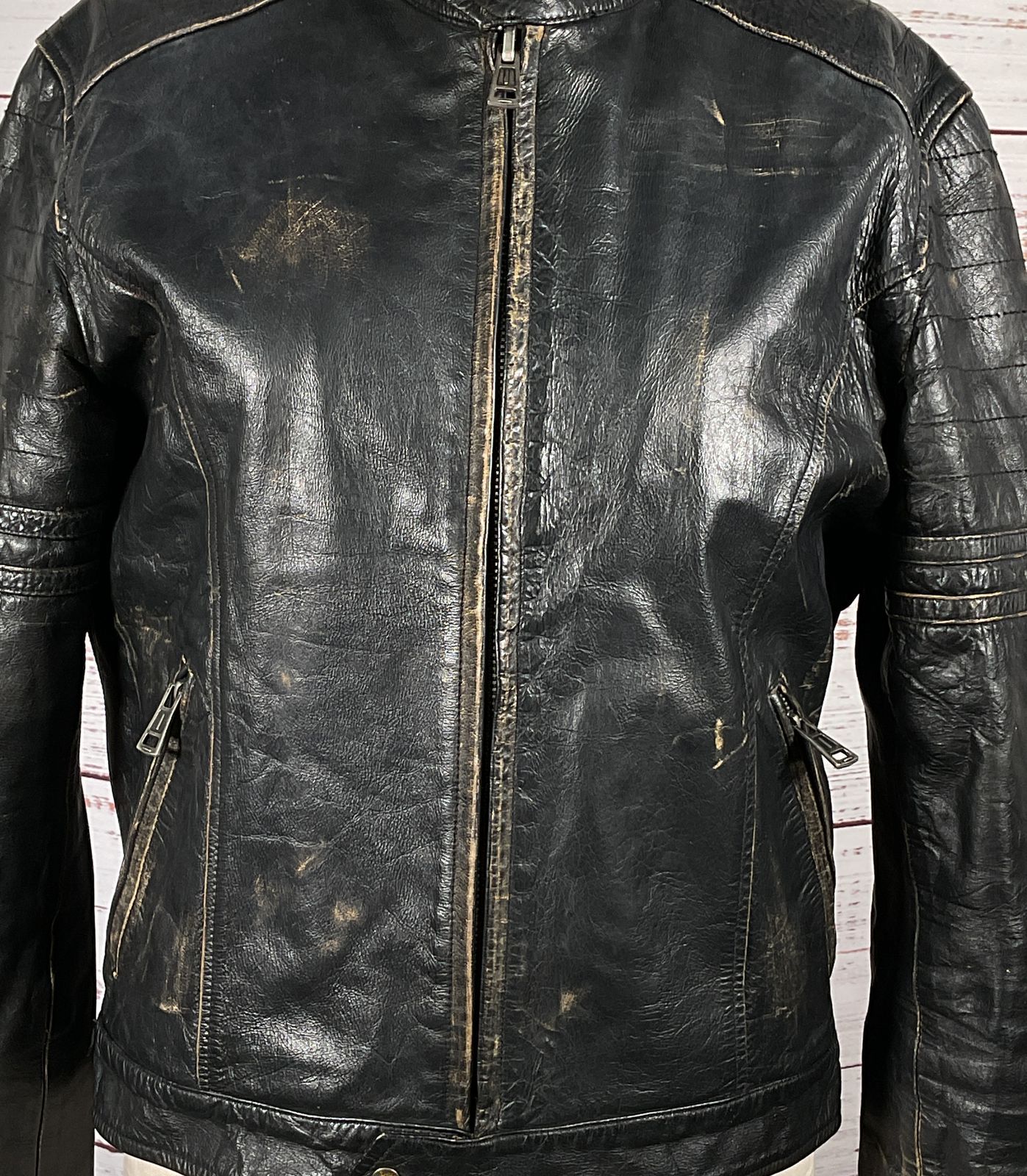 Sixty Vintage Distressed Leather Biker Jacket Black L