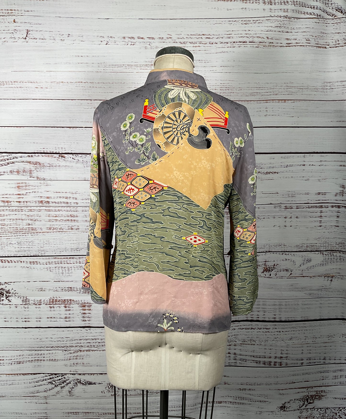 Cute Citron 100% Silk Mandarin Collar Eclectic Floral Long Sleeve-Size Medium