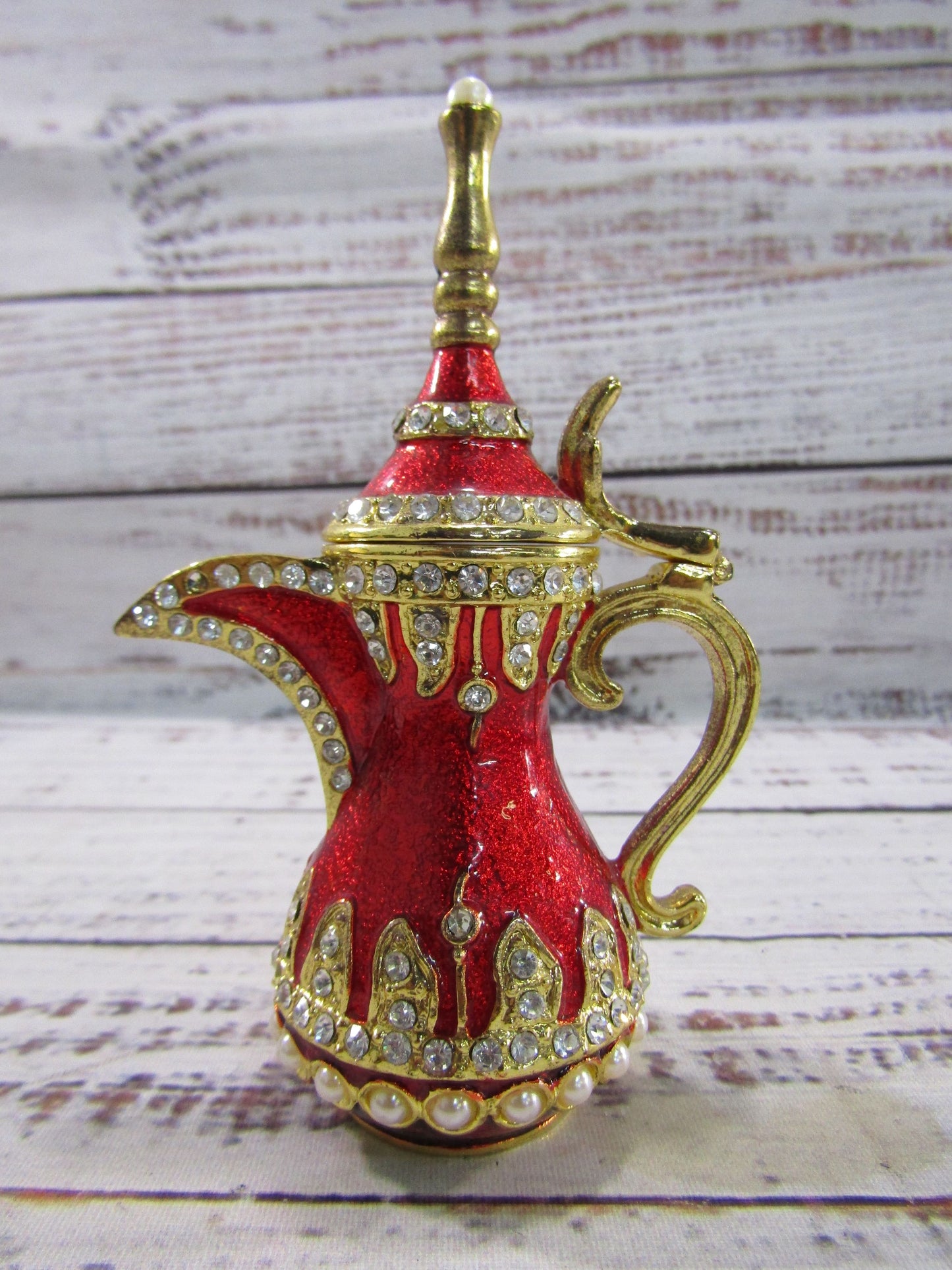 Ornate Gold Plated Red Enamel Dallah Ibrik Trinket Box Set of 2