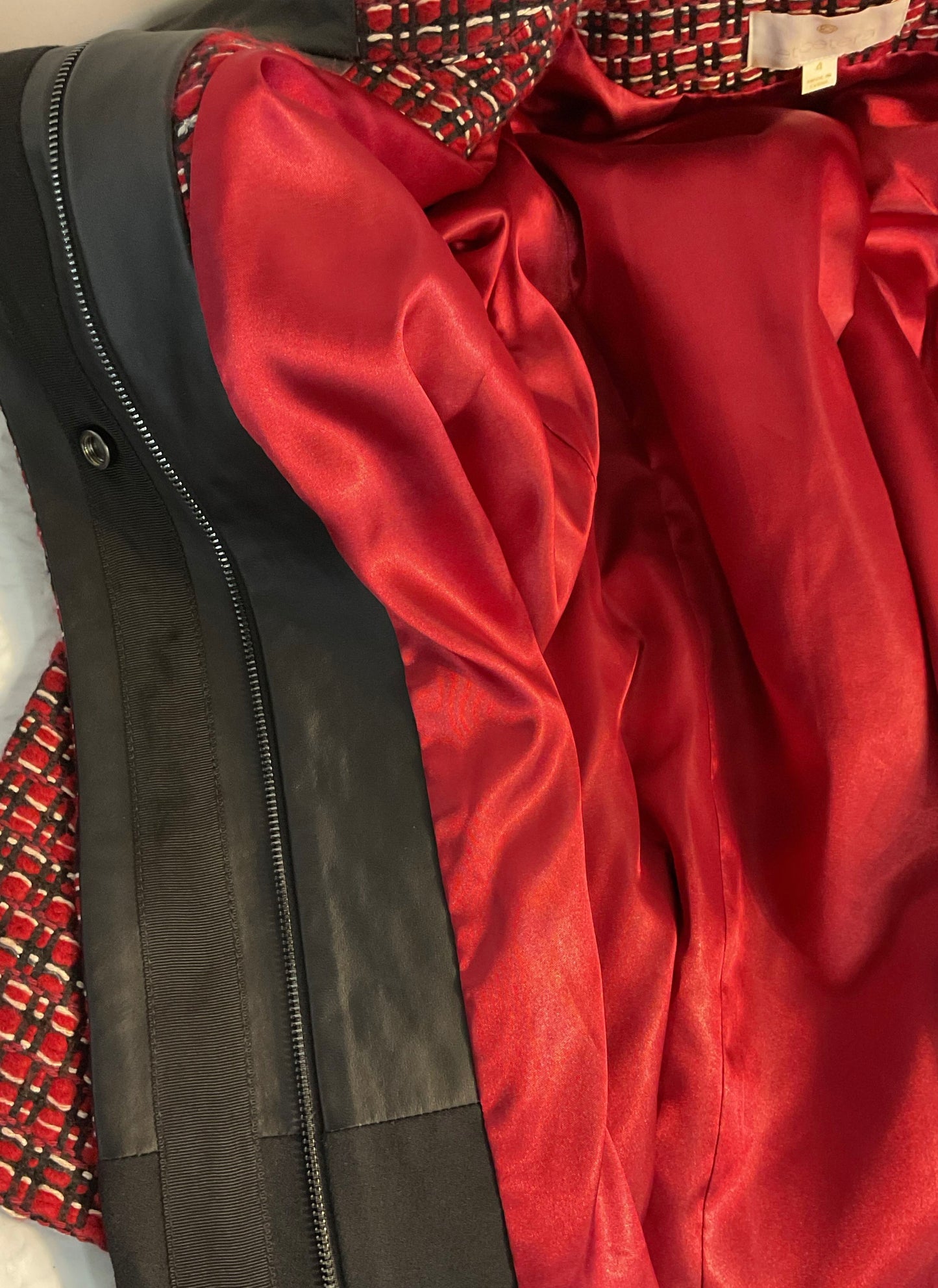 NWT Women's Etcetera Red Houndstooth Coat w/ Leather trim Size 4