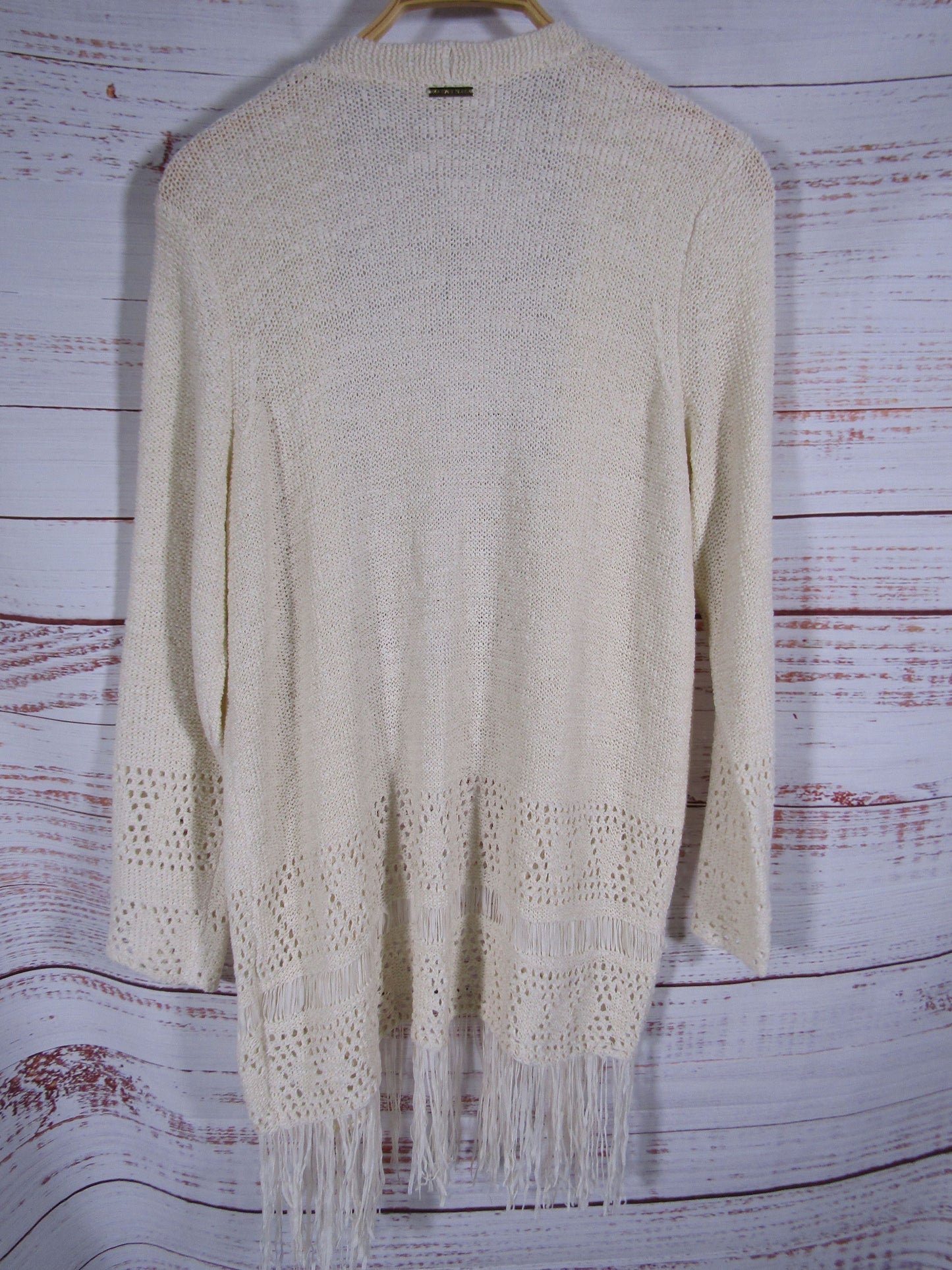 Michael Kors Women's Cream Crochet Knit Open Fringe Cardigan Sweater Size L