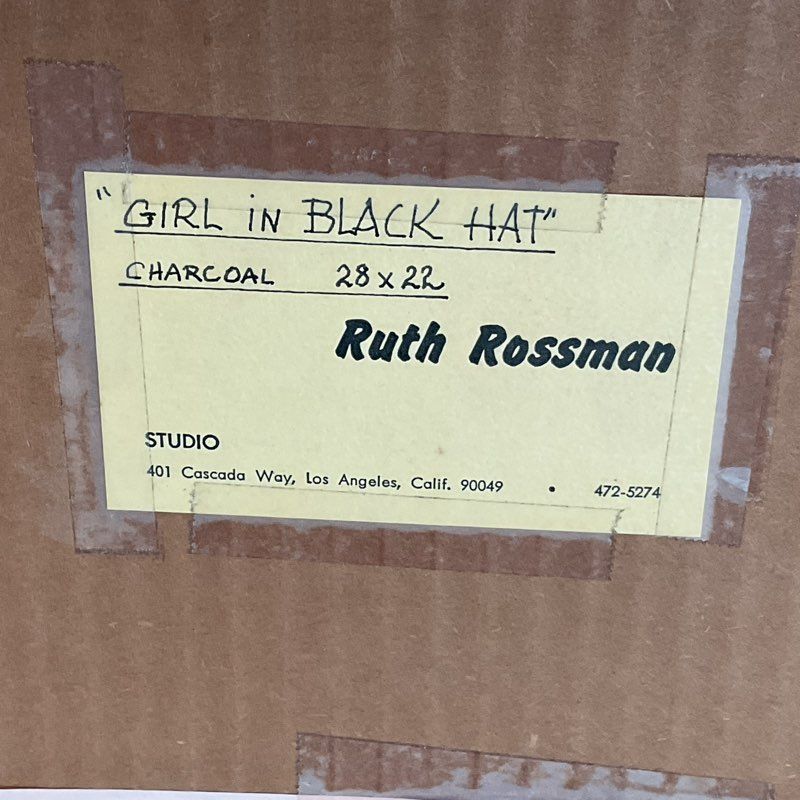 Signed VTG. RUTH ROSSMAN "Girl In Black Hat" Charcoal Drawing- FRAMED