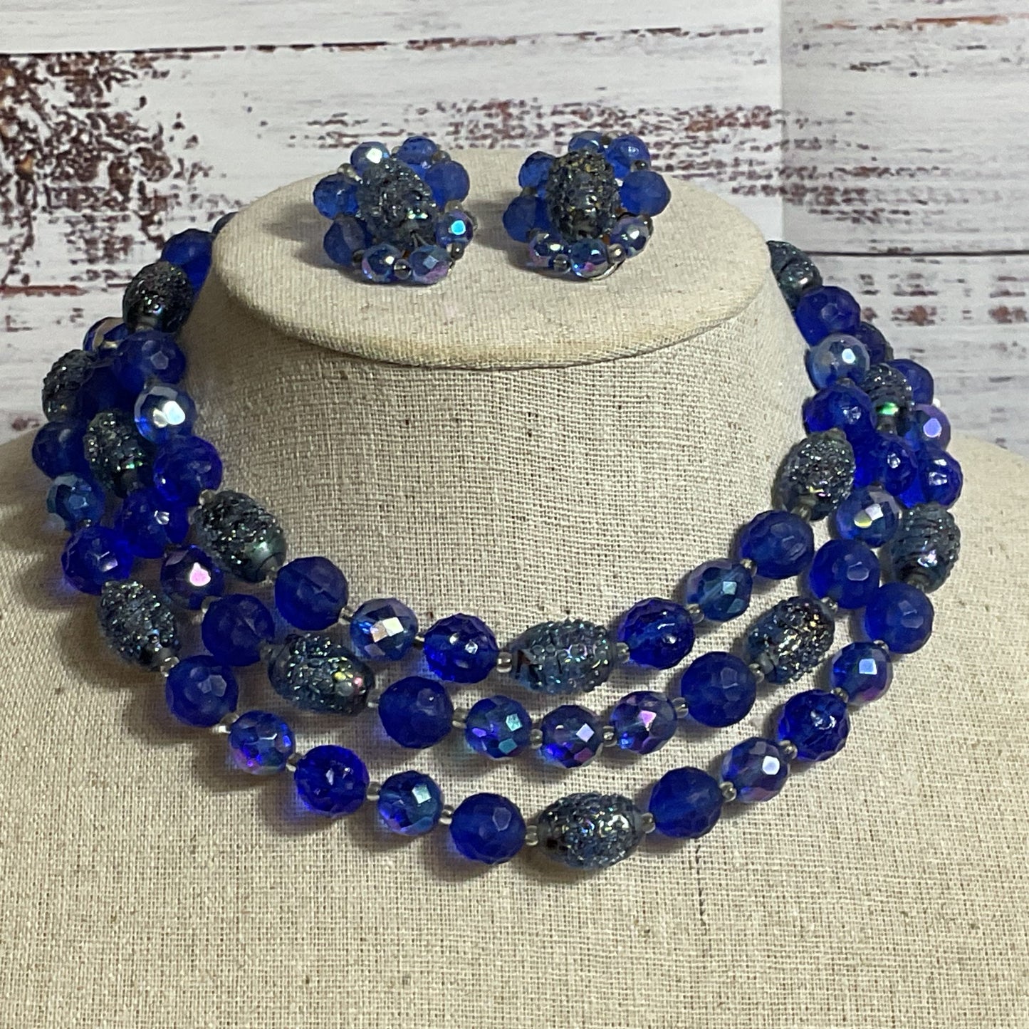 VTG. HENRY BOGOFF Blue Glass Beaded 3 Strand Necklace & Earring Set- 16"