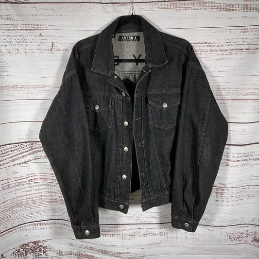 America by Perry Ellis Black on Black Embroidered Back Logo Denim Jacket Size M