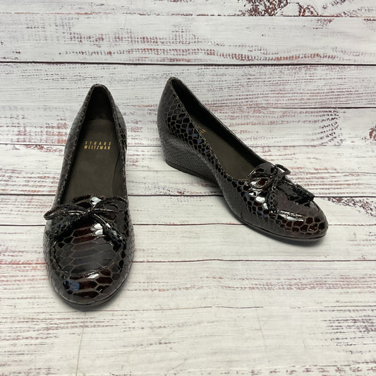 Stuart Weitzman Brown Patent Leather Embossed Snake Style Bow Wedge Heel Women 5