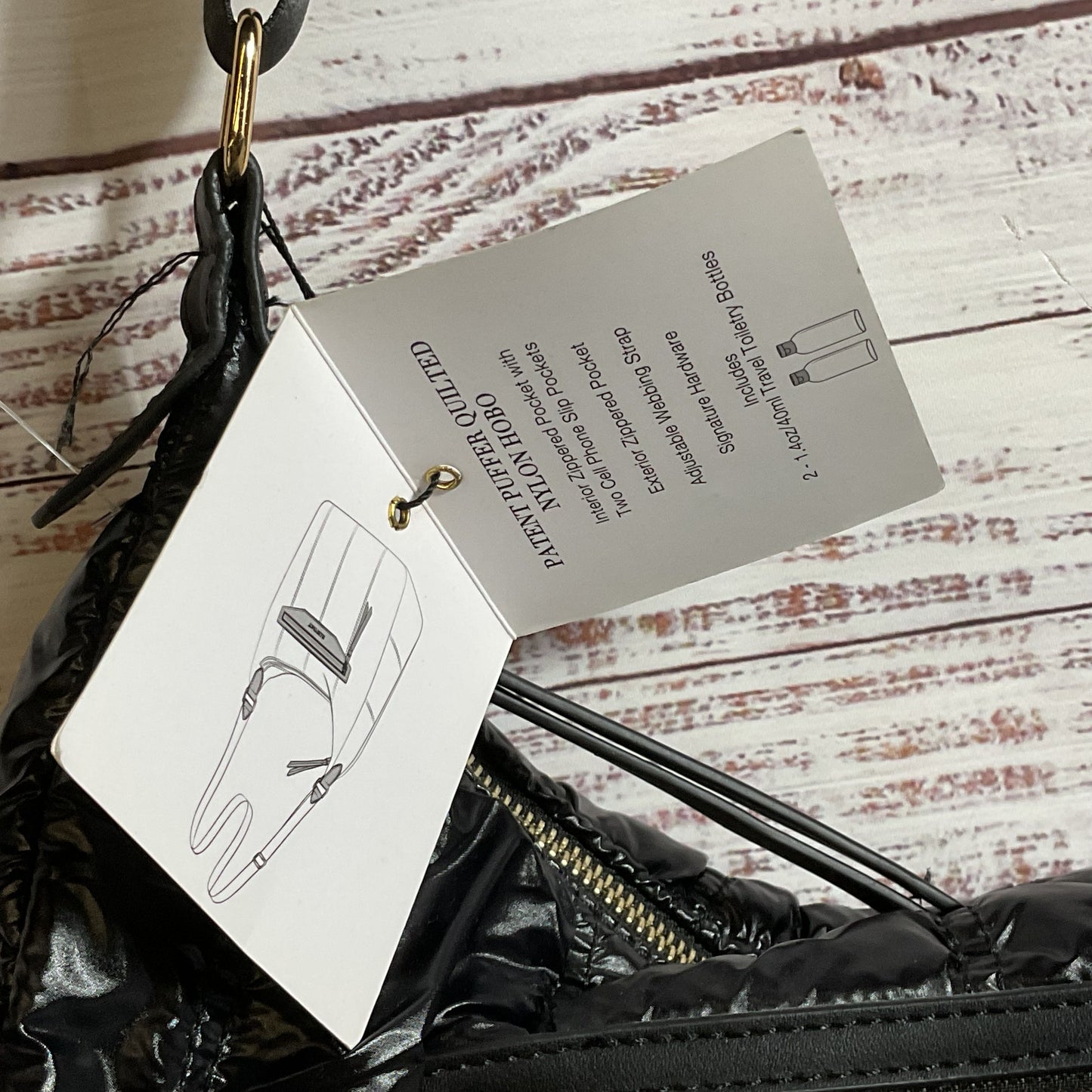 NWT ELLEN TRACY The Teagan Black Patent Puffer Quilted Nylon Hobo Crossbody