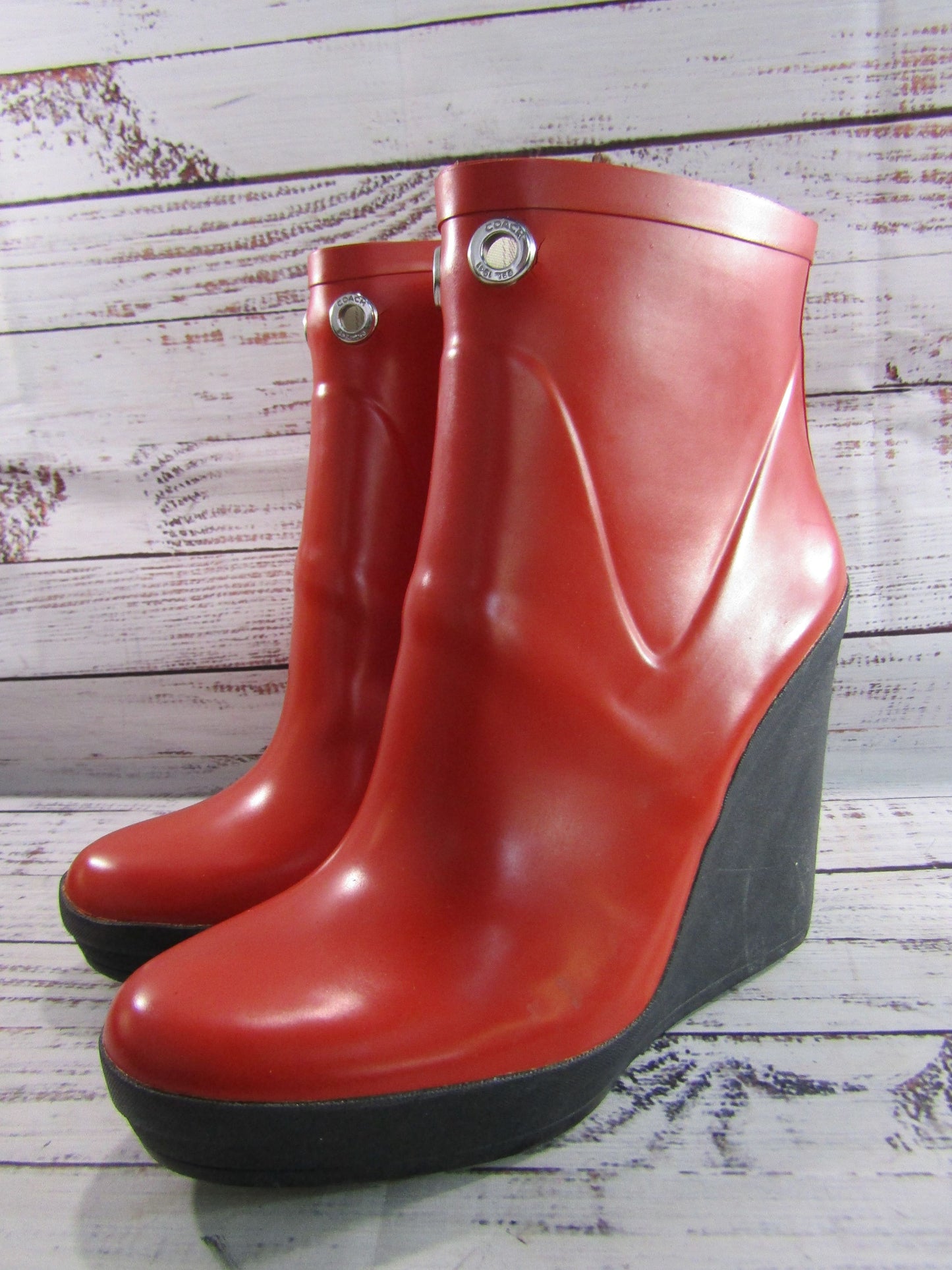 Coach Bina Women's Red Rubber Wedge Platform Rain Boots Size 9