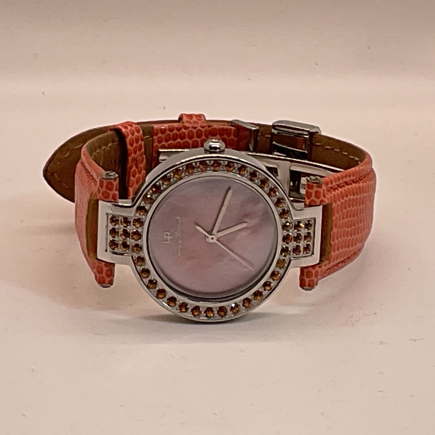 LUCIEN PICCARD Women's Stainless Steel Rhinestone Orange Leather Band Watch