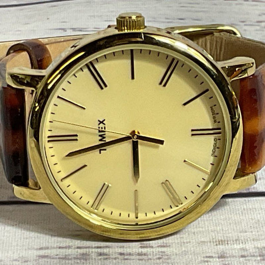 TIMEX T2P237 Women's Gold Tone Tortoise Band Watch- NEEDS BATTERY