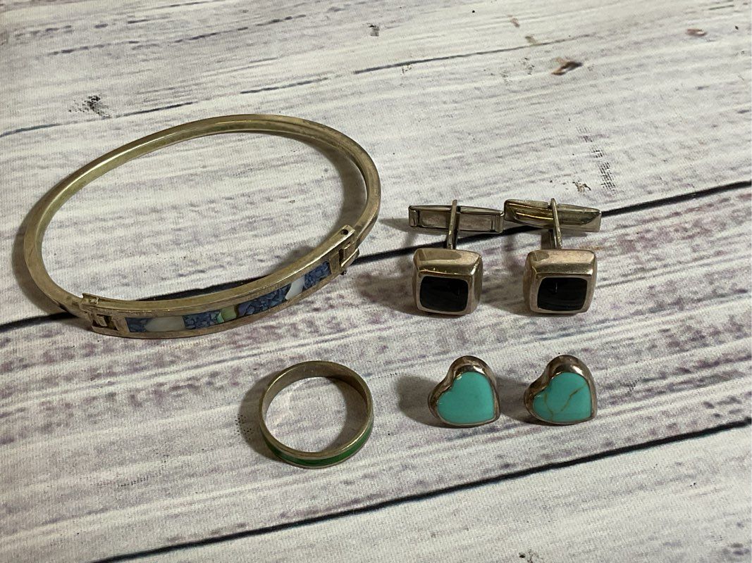 Lot Sterling Alpaca Bracelet, Norway Ring, India Cufflinks, Mex. Earrings 26.65g
