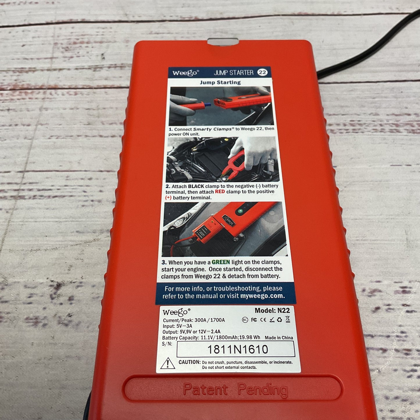 Weego Car Jump Starter N22 1800 mAh Battery Flashlight 300A No Starter Clamps