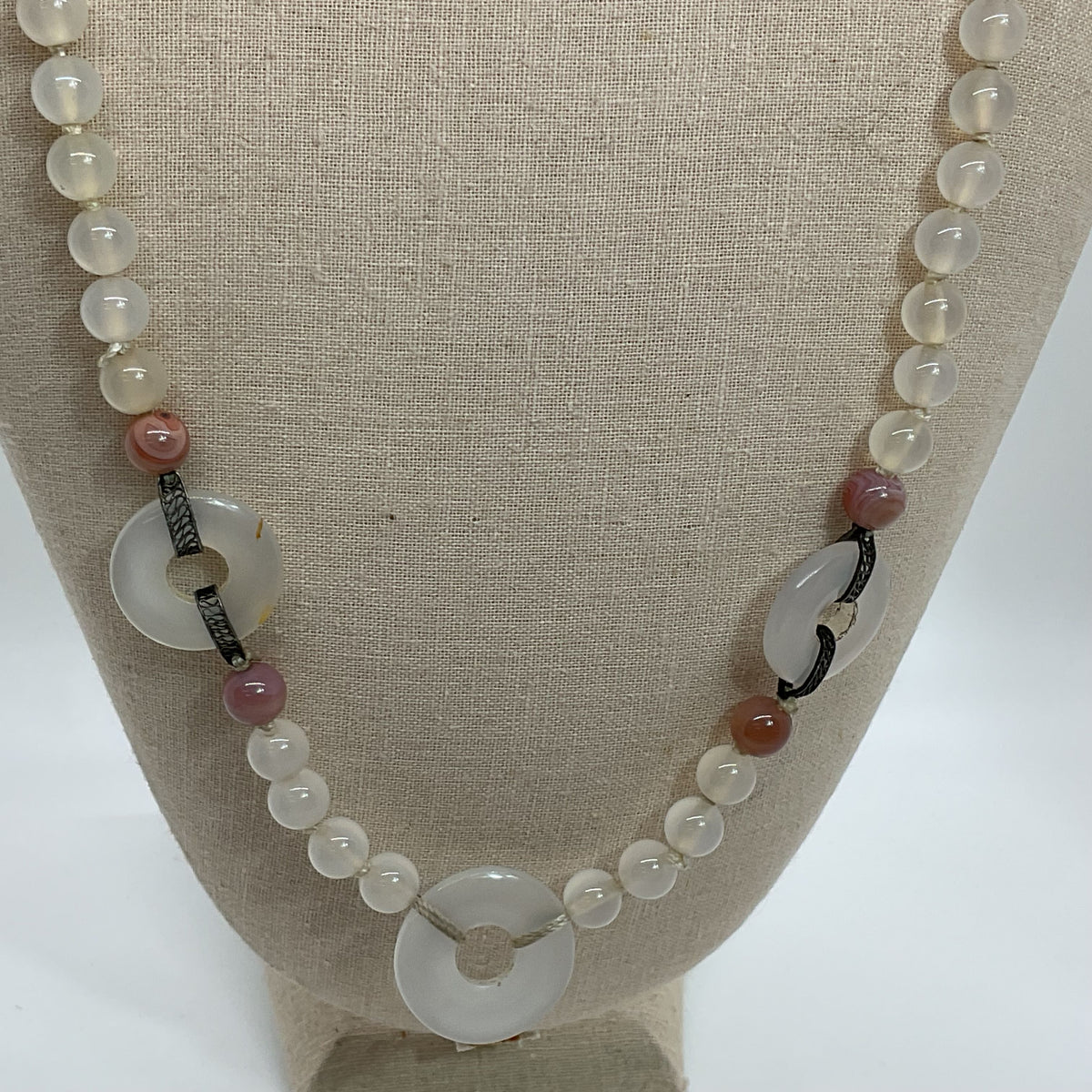 VTG. Sterling Silver Jade Beaded Necklace- 28.5"