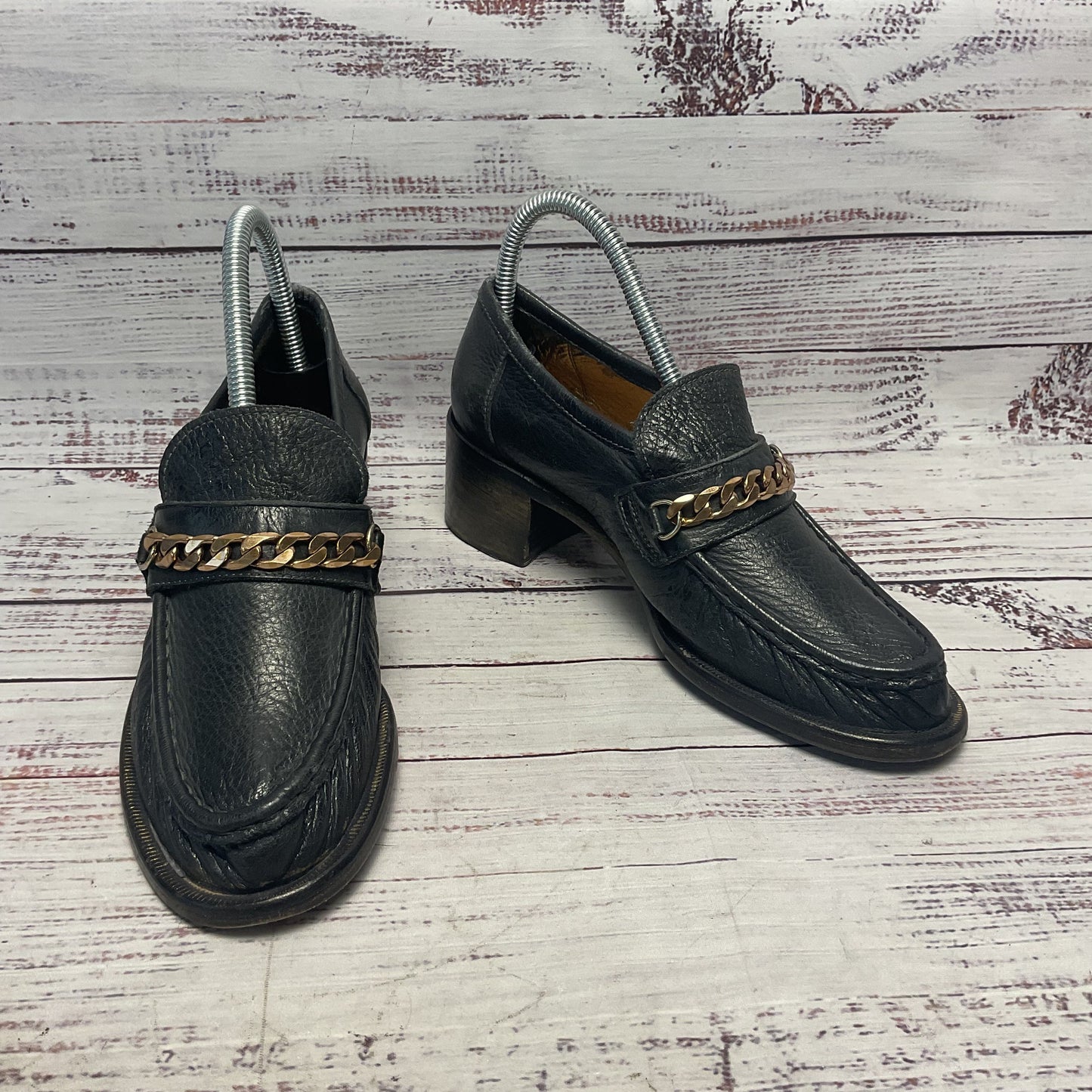 Silvano Sassetti Black Leather Cuban Chain Loafer Heel Women Size 7