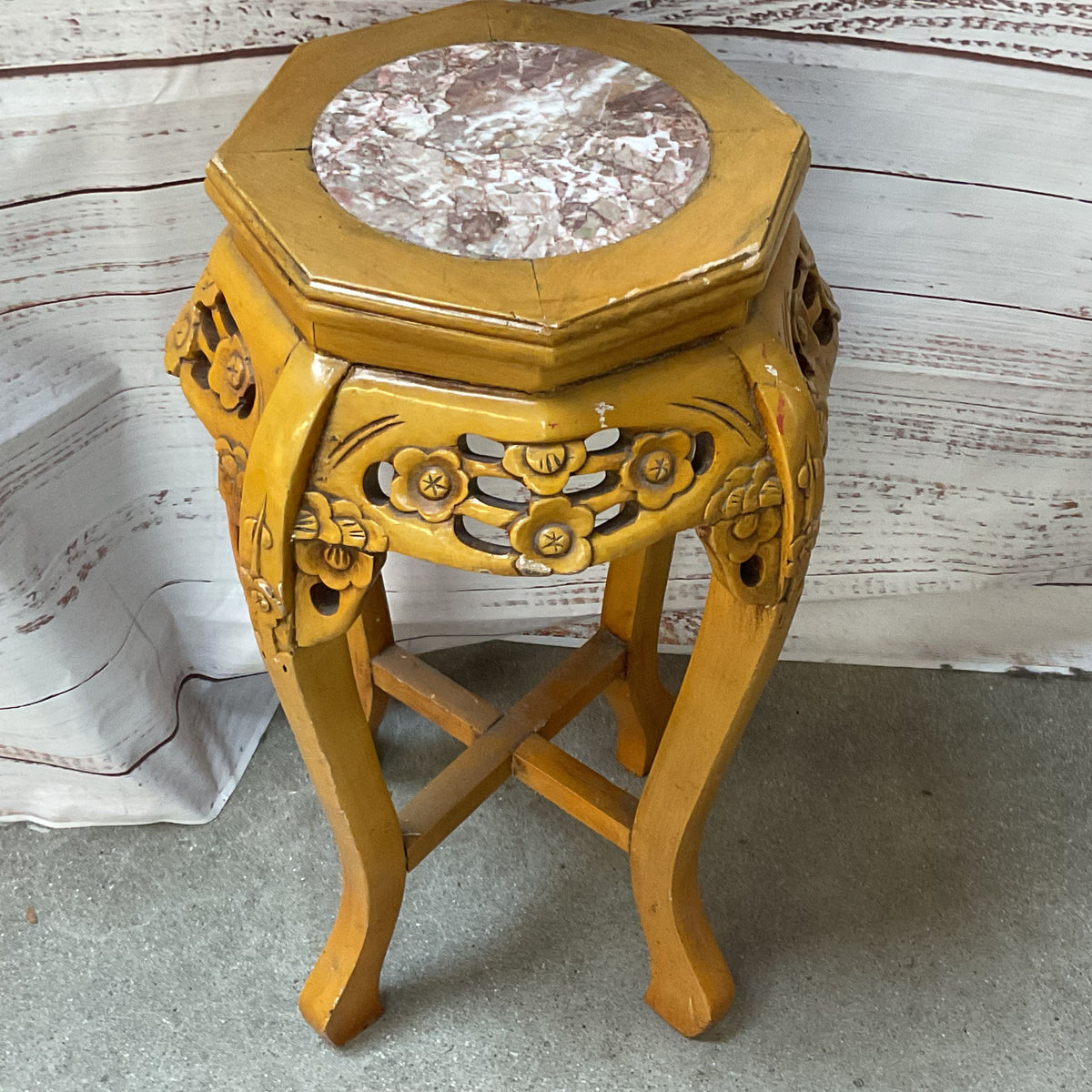 VTG/ANTIQUE Chinese Chinoiserie Carved Wood & Marble Plant Stand Table-14" x 24"