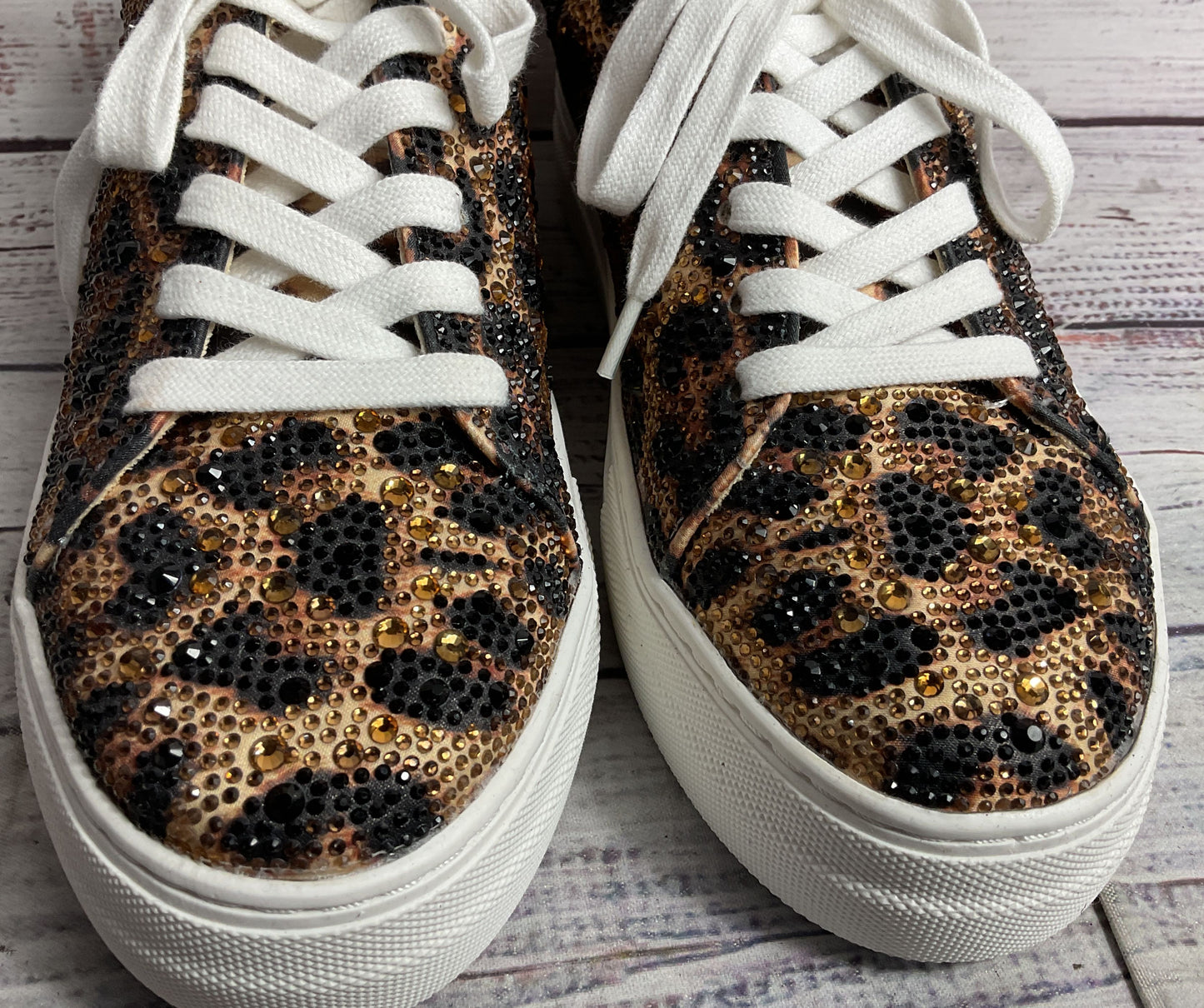 Betsey Johnson Suton Highwall Bling Platform Sneaker Tan Black Leopard Print 9