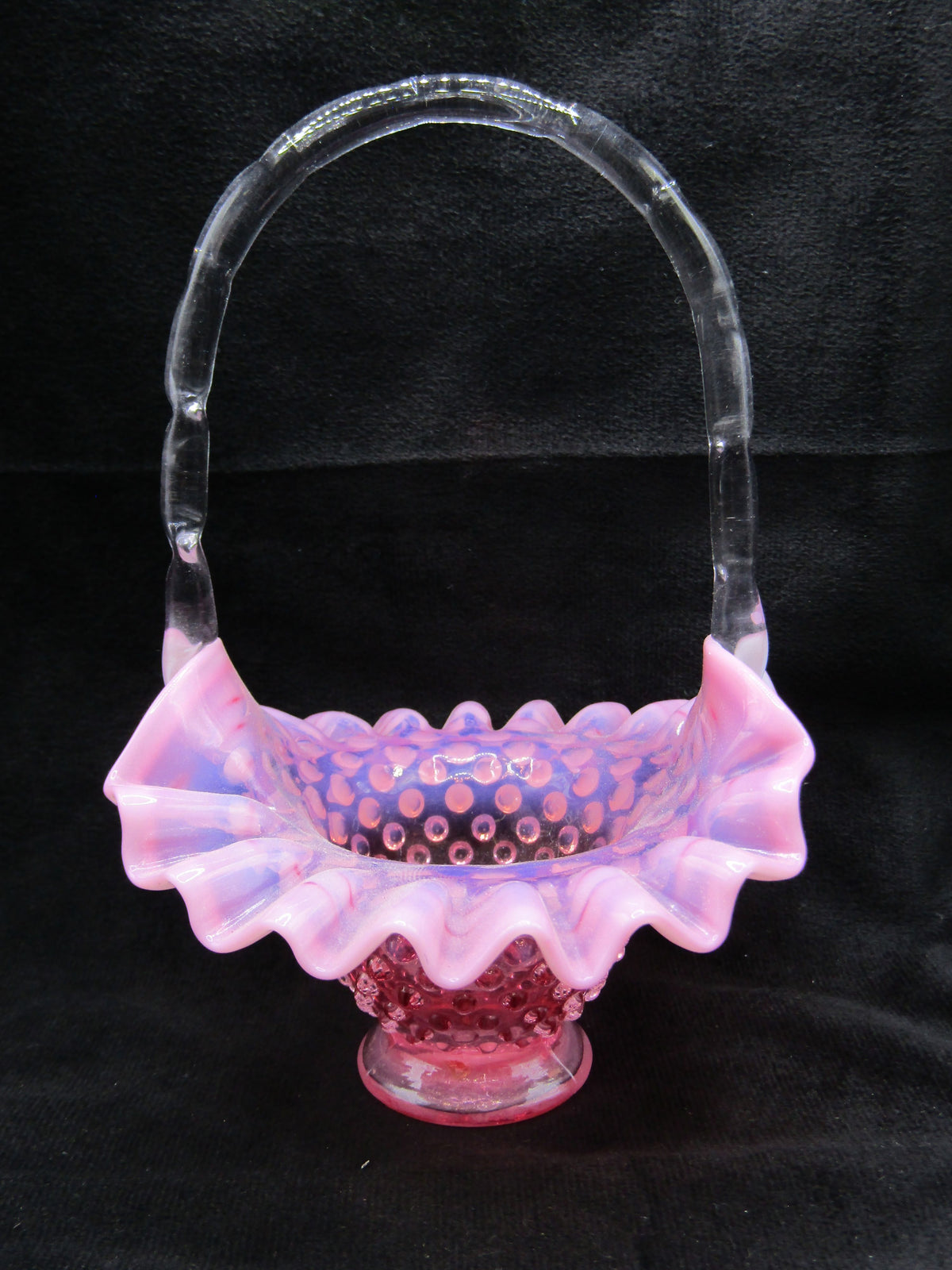 Vintage Hand Blown Pink Studded Glass Basket Figurine