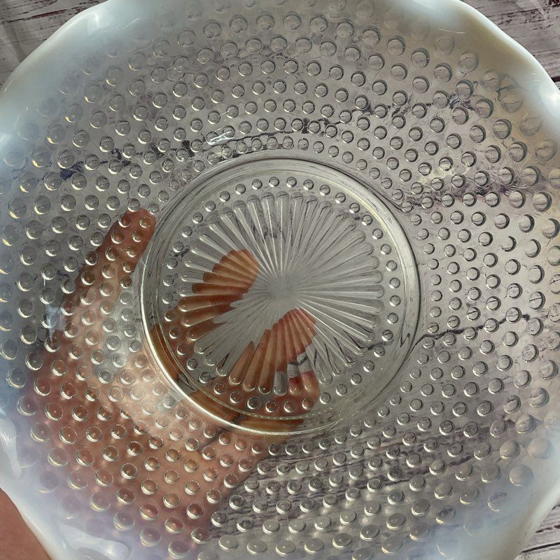 Vintage Set Of 2 Hobnail Moonstone Opalescent Ruffled Edge Glass Bowls