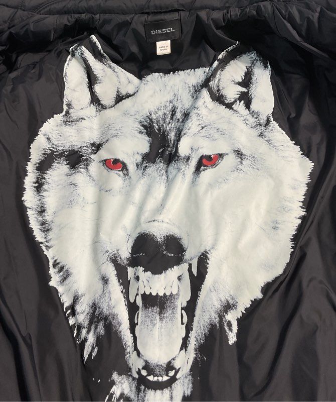 Diesel Women's Biker Black Puffer Jacket Size XXL Inner Wolf Print
