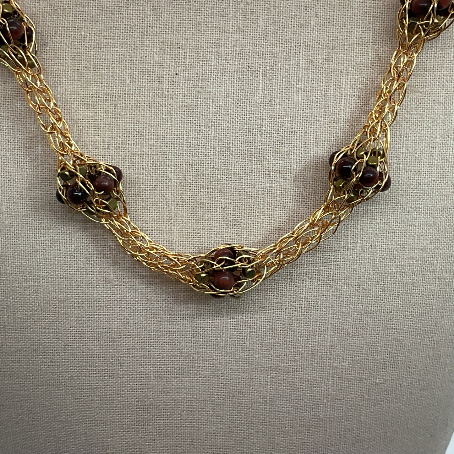Gold Tone Wire Braided Caged Tiger Eye Beaded Clusters 22" Necklace