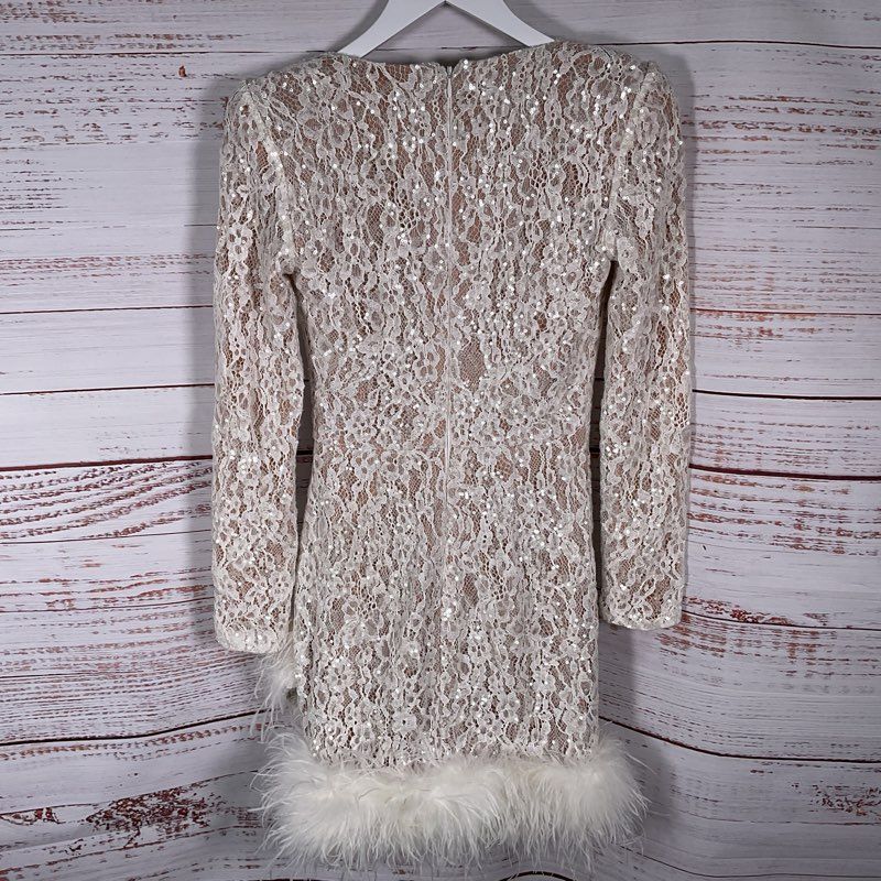 Nadine Merabi Carly White Sequin Feather Trim Long Sleeve Mini Dress - Size 4