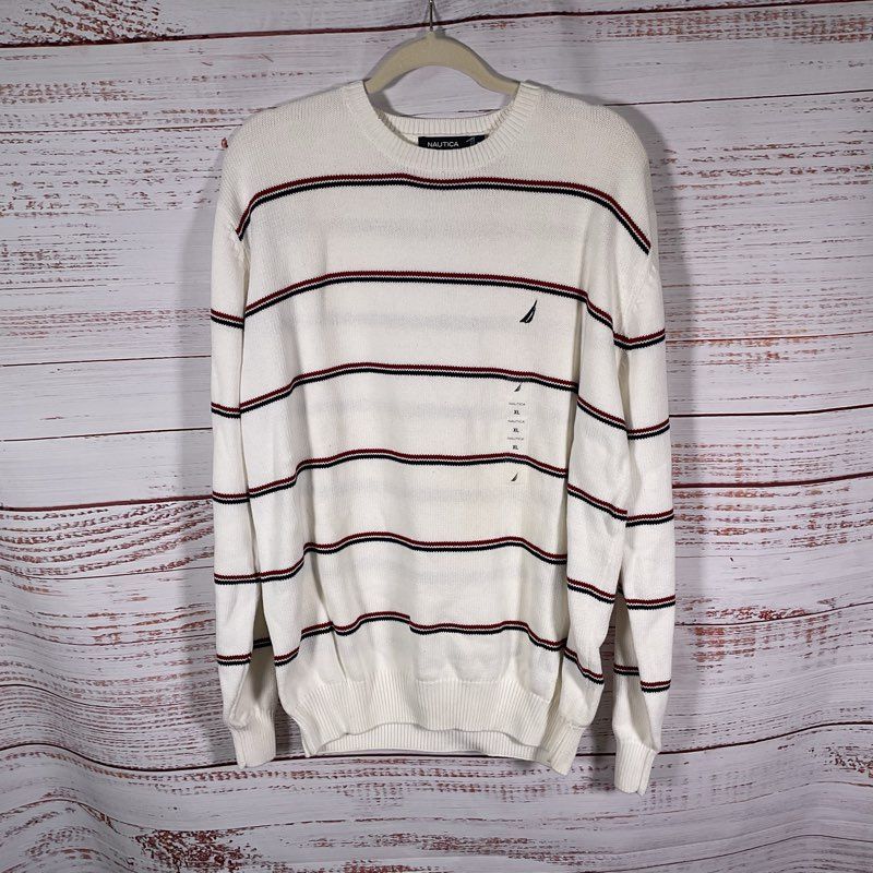 Nautica 100% Cotton Blue & Red Striped White Knit Crewneck Sweater - Size XL