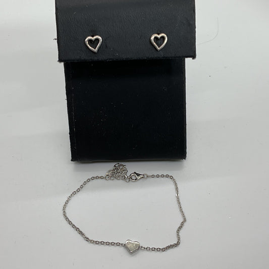 Sterling Silver Heart 8" Bracelet & Stud Earring Set- 2.79g