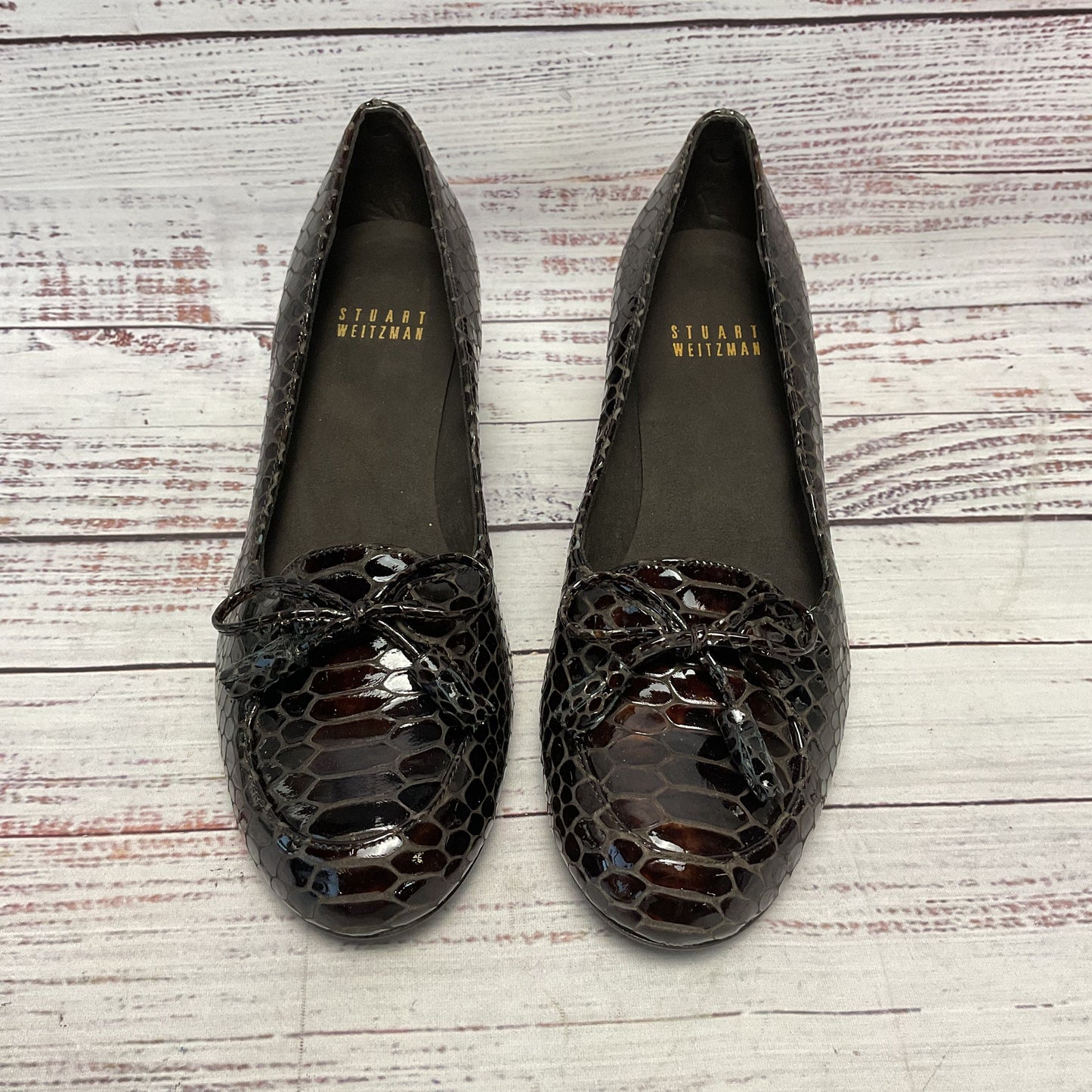 Stuart Weitzman Brown Patent Leather Embossed Snake Style Bow Wedge Heel Women 5