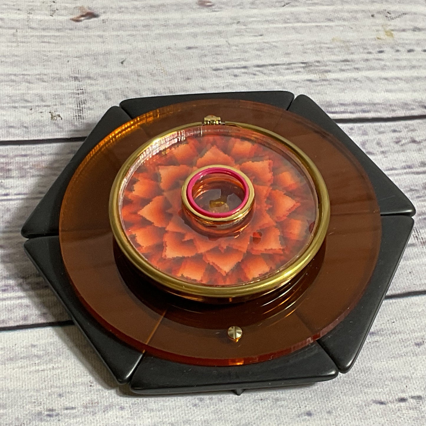 Signed Louis V. Artisan Resin & Rhinestone Hexagon Brooch- 2.75"