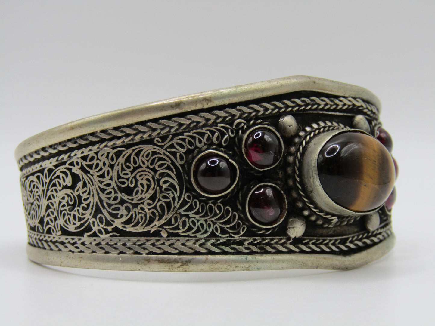 Handcrafted Tribal Silver Plated Tiger's Eye Rhodolite Garnet Cuff Bracelet