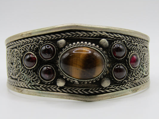 Handcrafted Tribal Silver Plated Tiger's Eye Rhodolite Garnet Cuff Bracelet