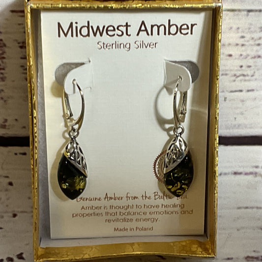 NEW MIDWEST AMBER Sterling Silver & Baltic Amber Dangle Leverback Earrings