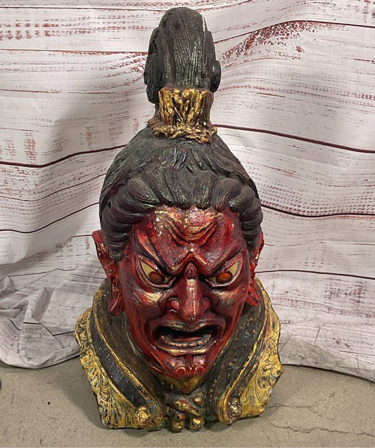 Vintage Wooden Carved Japanese 30" Guardian Bust Multicolor
