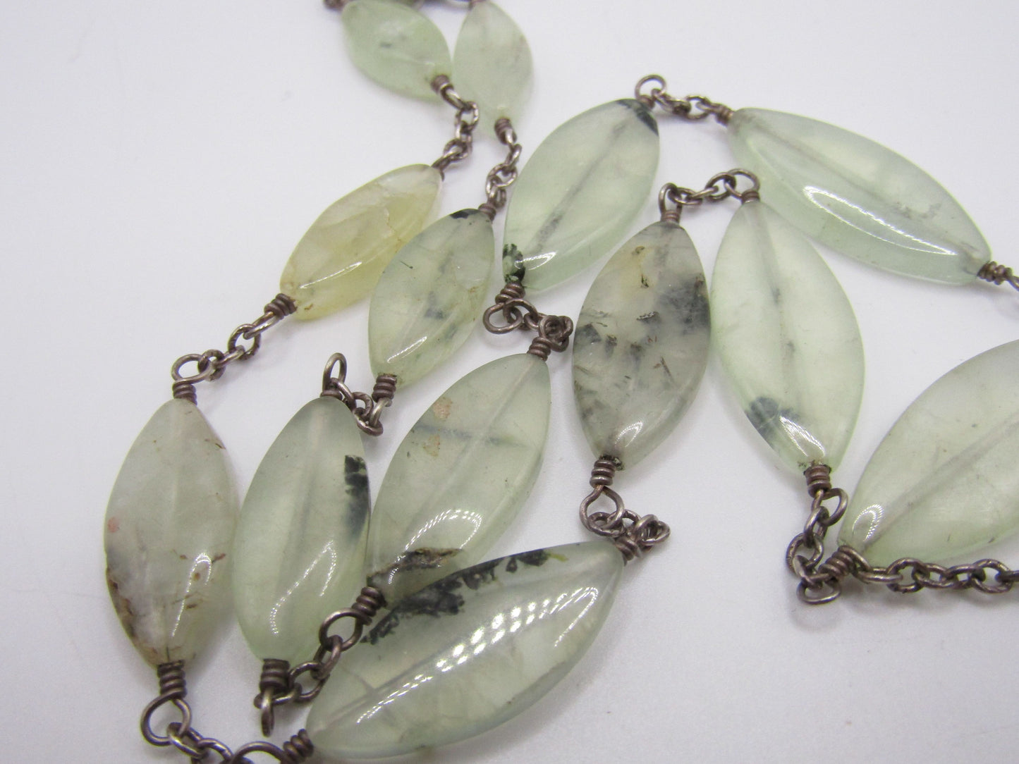 Vintage Artisan Handcrafted Sterling Silver Prehnite & Carved Pink MOP Necklace