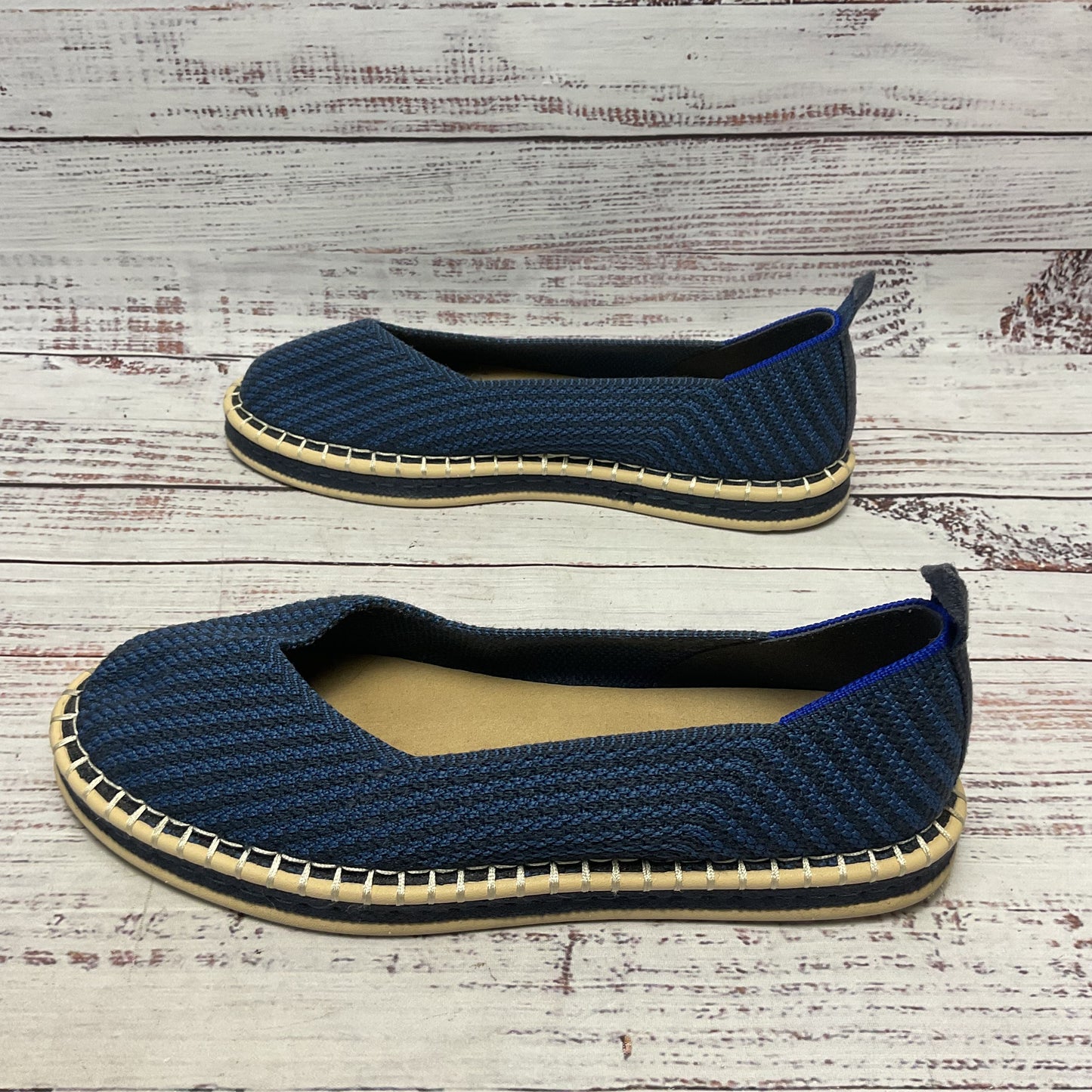 Rothy’s Boardwalk Blue Black Stripe Knit Espadrille Fats Loafers Shoe Women Sz 8