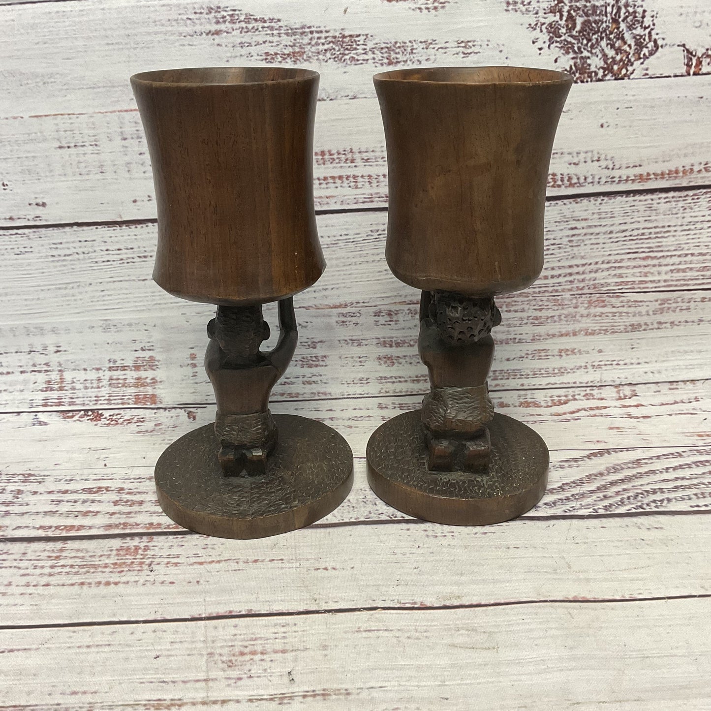 Hand Carved African Wooden Drinking Cups 7" Set Of 2