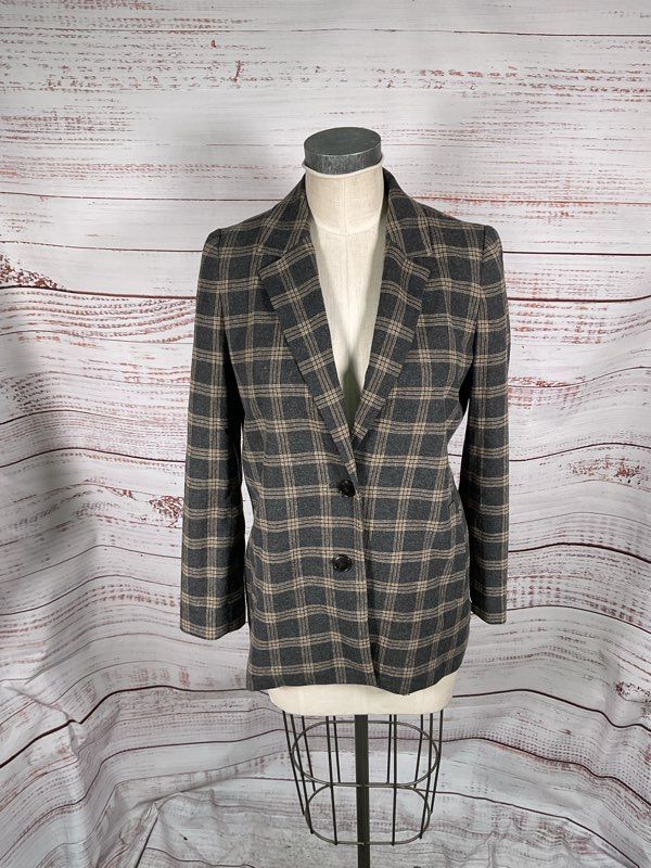 Madewell Women's Wool Blend Black & Brown Plaid Suit Jacket Blazer Size M