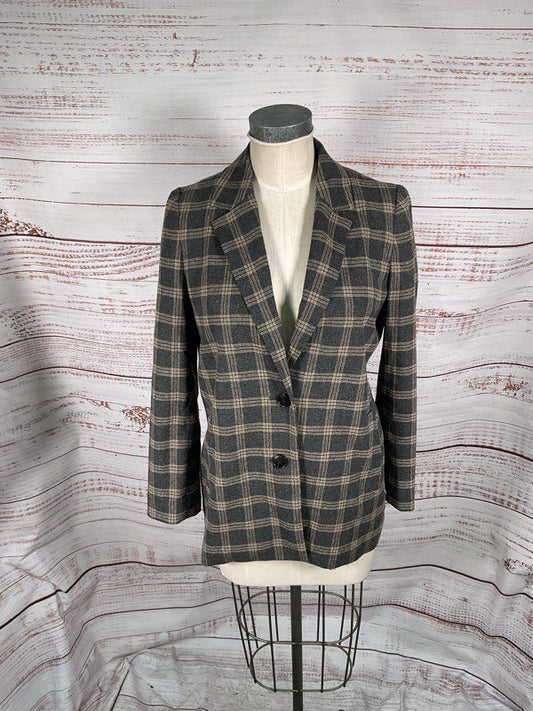 Madewell Women's Wool Blend Black & Brown Plaid Suit Jacket Blazer Size M