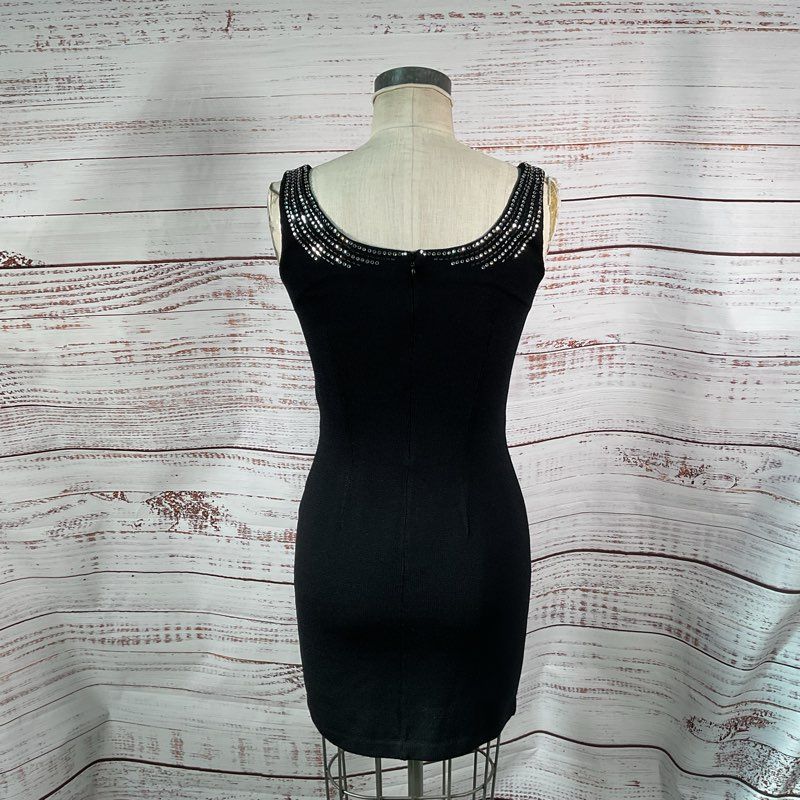 VTG. St John Evening Black Knit Rhinestone Detail Mini Evening Dress - Size 4