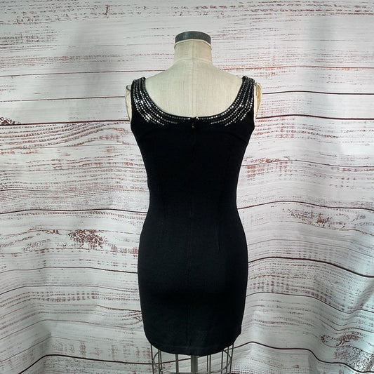 VTG. St John Evening Black Knit Rhinestone Detail Mini Evening Dress - Size 4