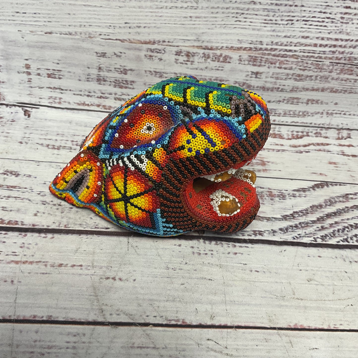 Wixárika Huichol Colorful Beaded Jaguar Head Jalisco Mexico Sculpture Obdulia