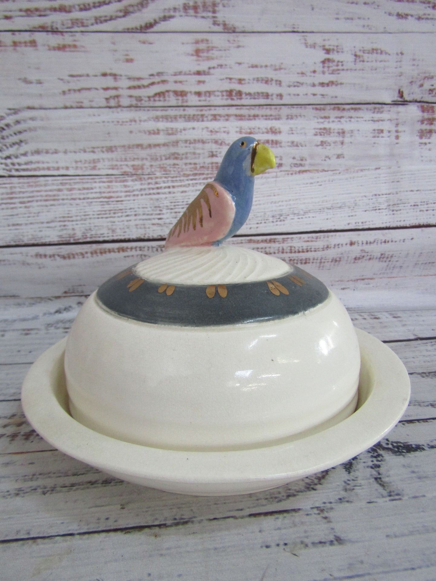 Vintage Artist Signed Handcrafted Parrot Motif Covered Butter / Cheese Plate