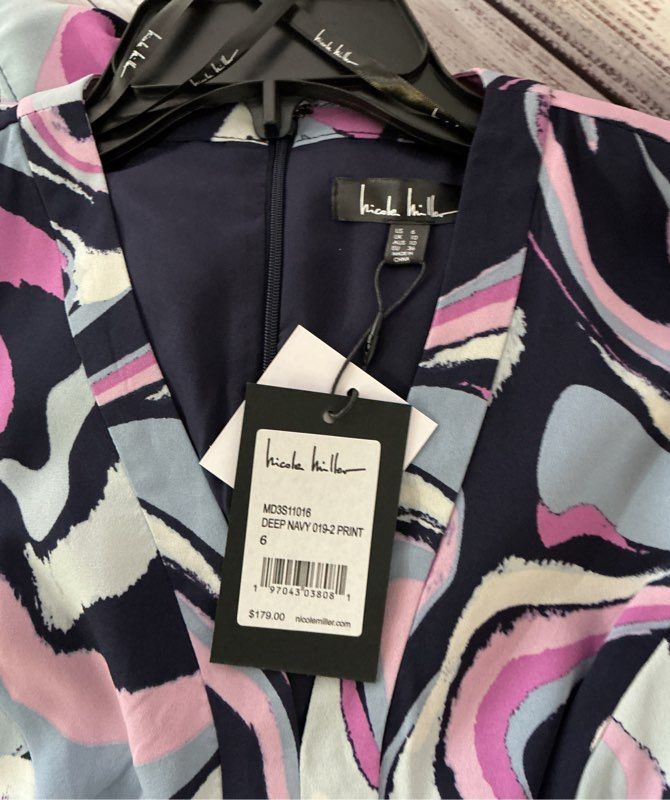 NTW Nicole Miller Navy Pink Print Short Sleeved Dress Size 6 Retail $179