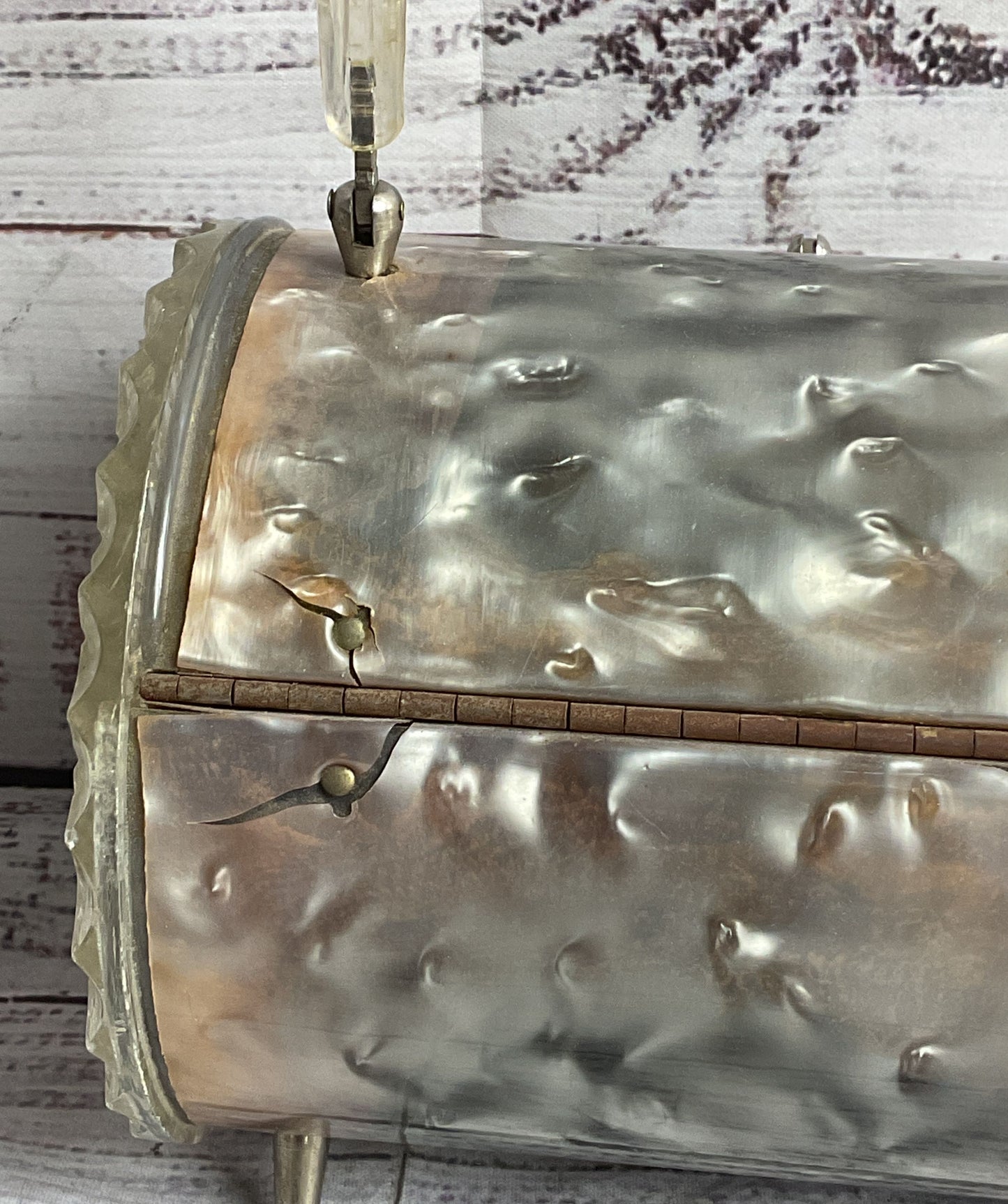 Vintage 1950s Carved Lucite Barrel Florida Handbag Silver Pearl Clear