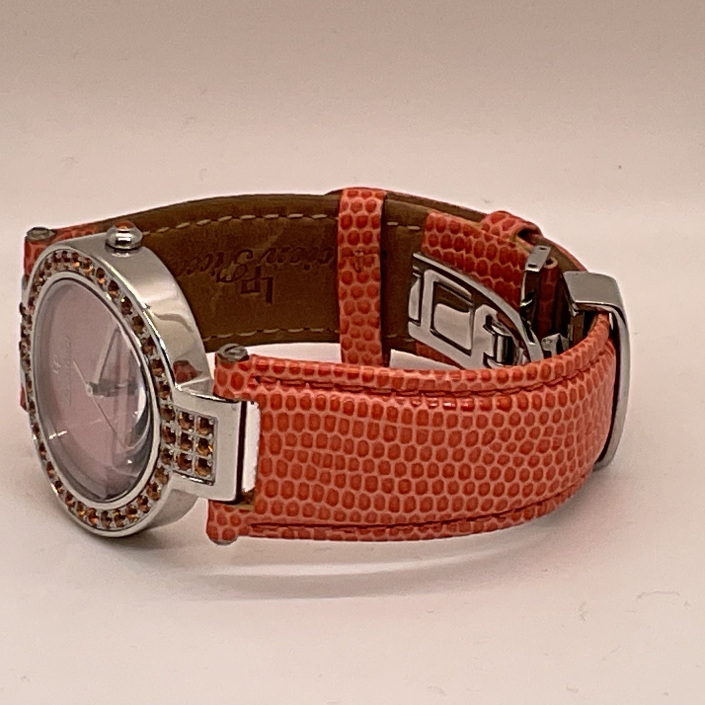 LUCIEN PICCARD Women's Stainless Steel Rhinestone Orange Leather Band Watch