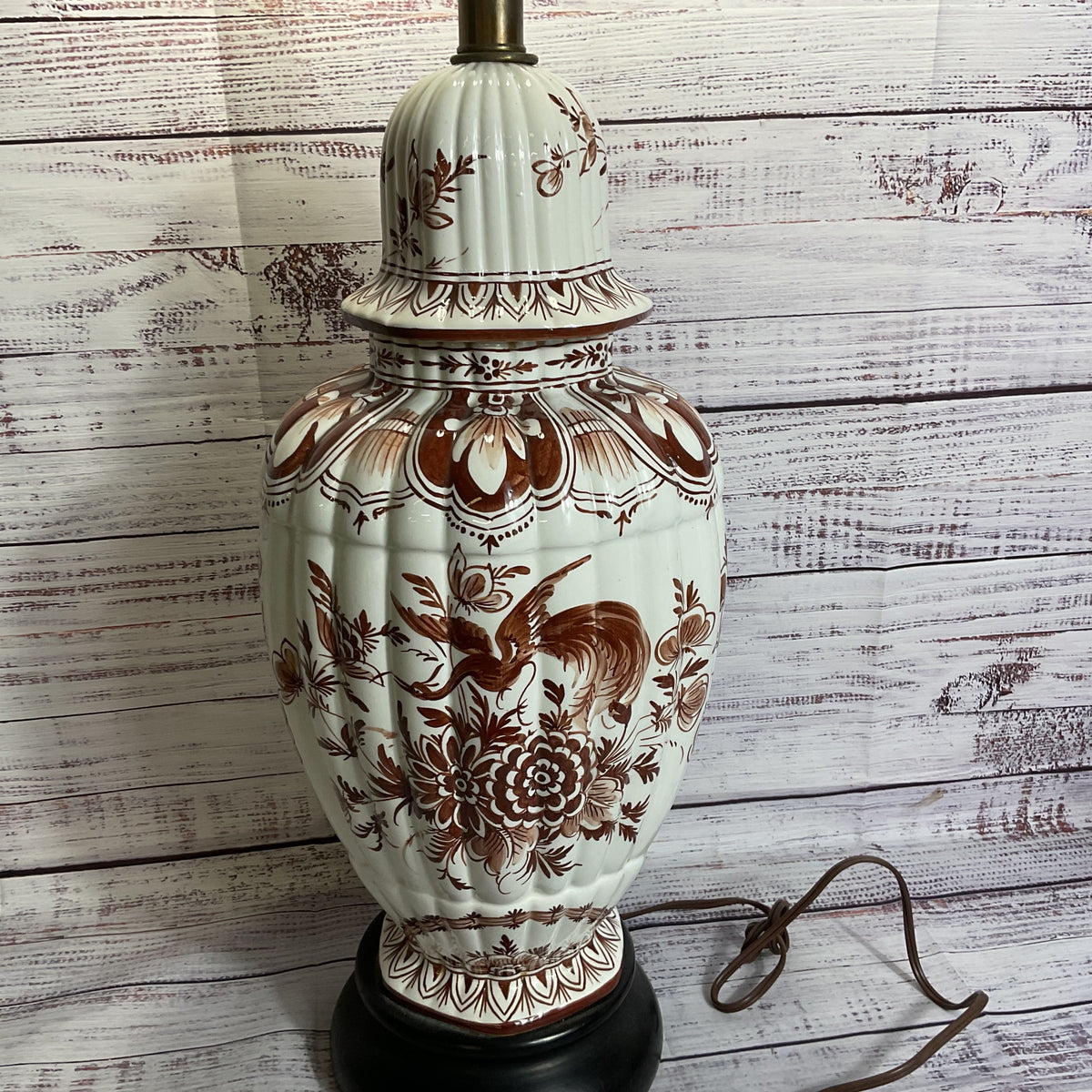 ANTIQUE Japanese Ginger Jar Hand Painted Brown Crane & Floral Lamp- 31"