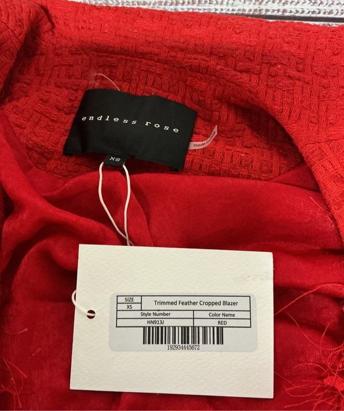NWT Women's Endless Rose Trimmed Feather Cropped Blazer Size XS