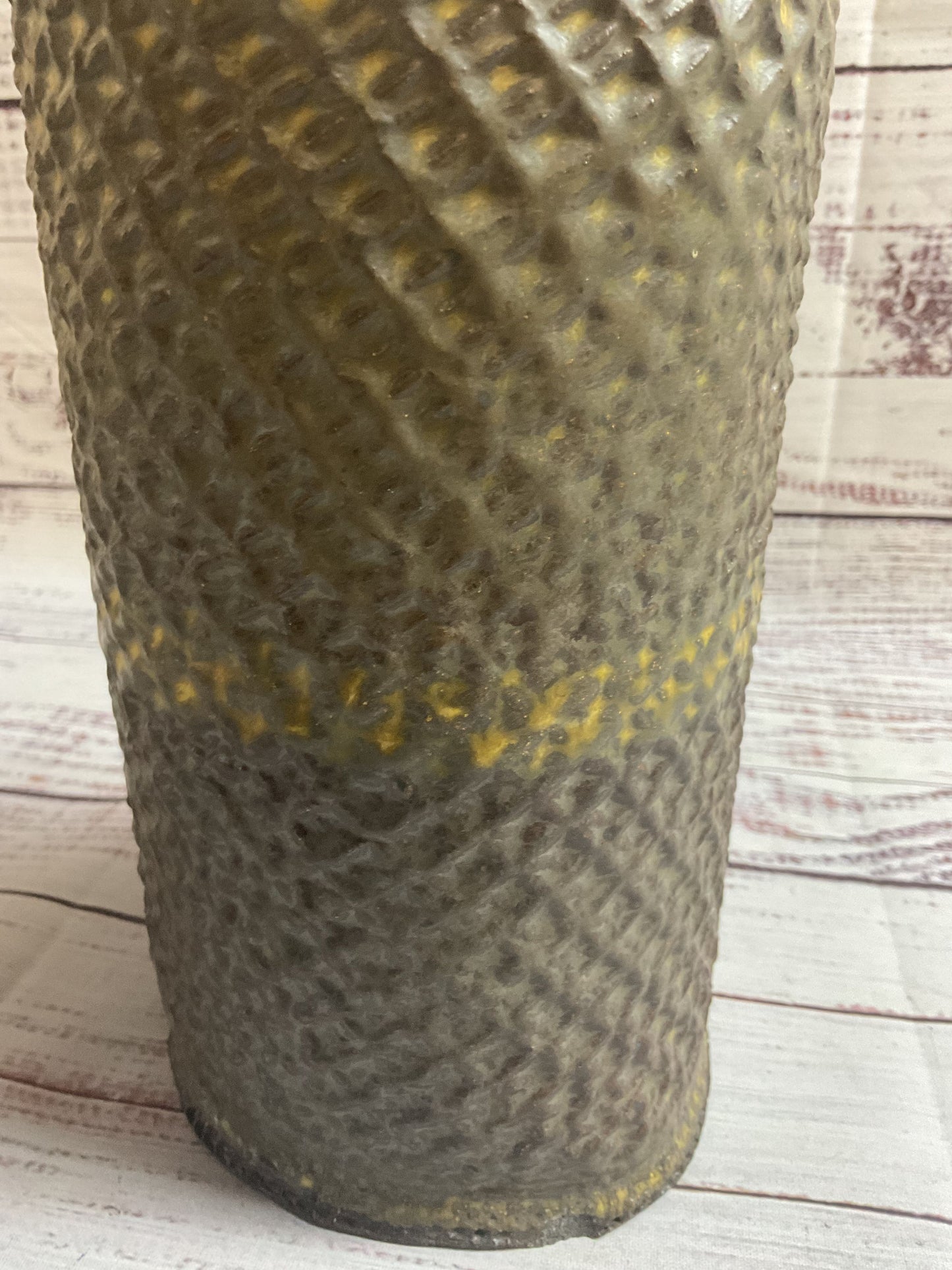 Rolled Embossed Ceramic Brown Yellow Vase Signed