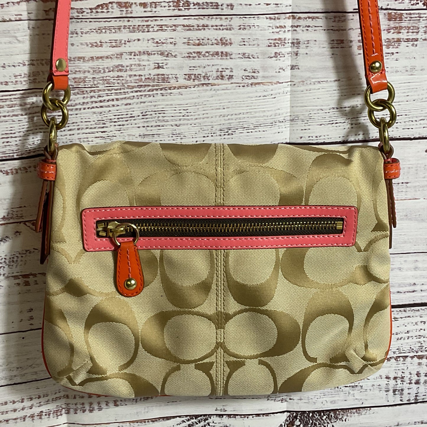 COACH Bonnie Signature Tan Pink/Coral Colorblock Trim Canvas Crossbody/Hand Bag
